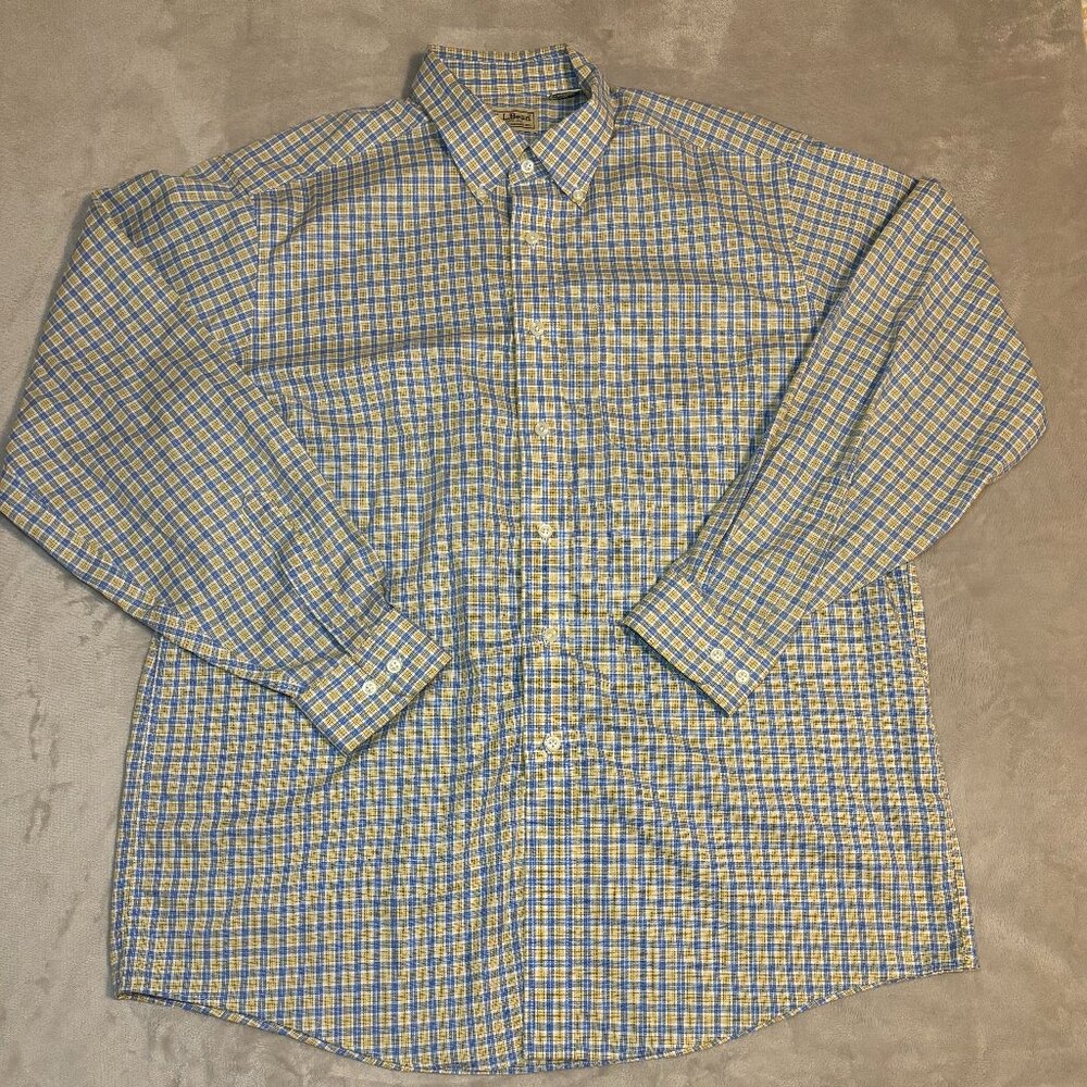 LL Bean Button Down Long Sleeve Shirt Mens Large Plaid Outdoor 0MT78 Blue Yellow